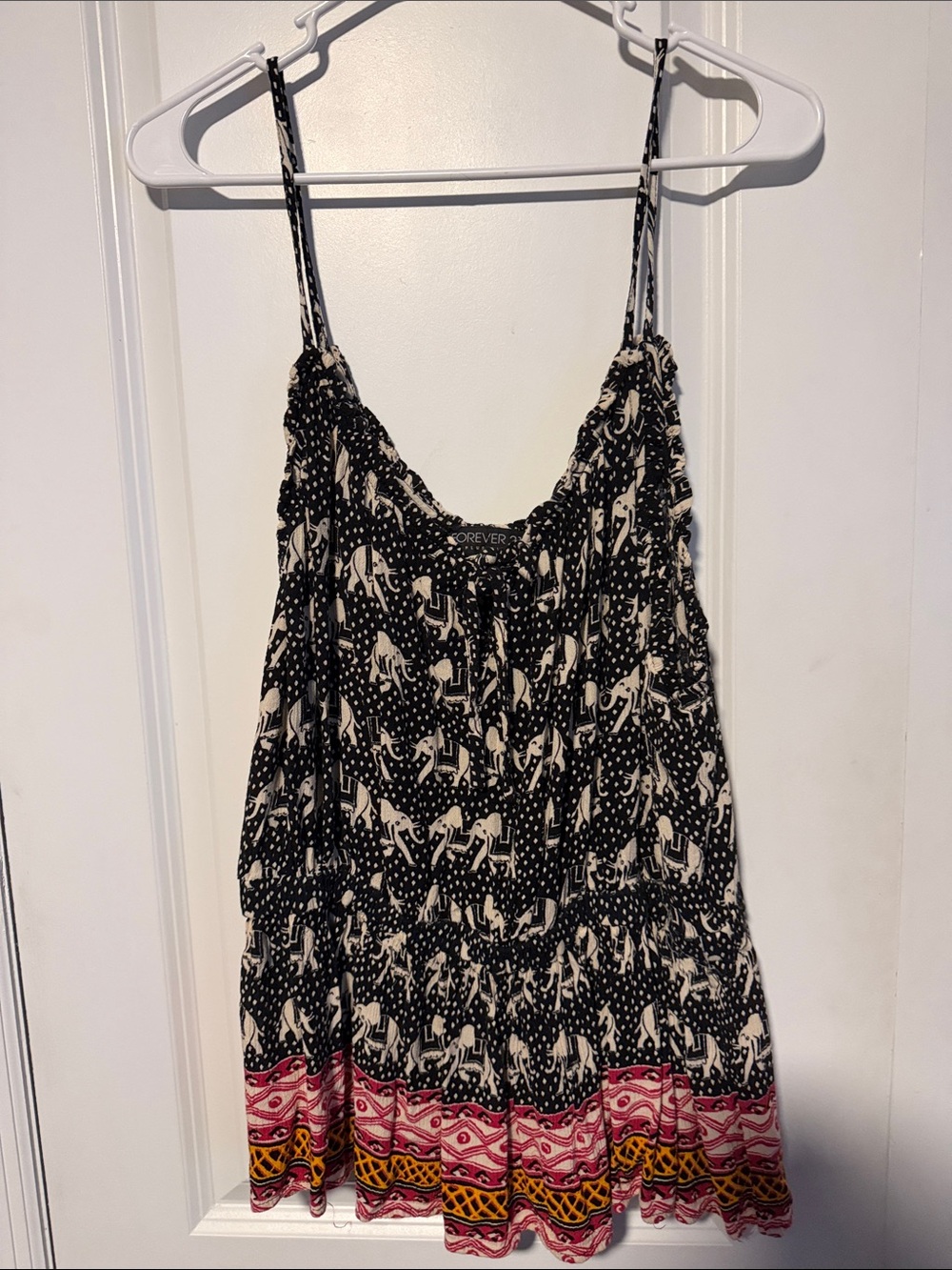 Forever 21 Black Printed Spaghetti Strap Tank with Pink and Yellow Hem 5/$25